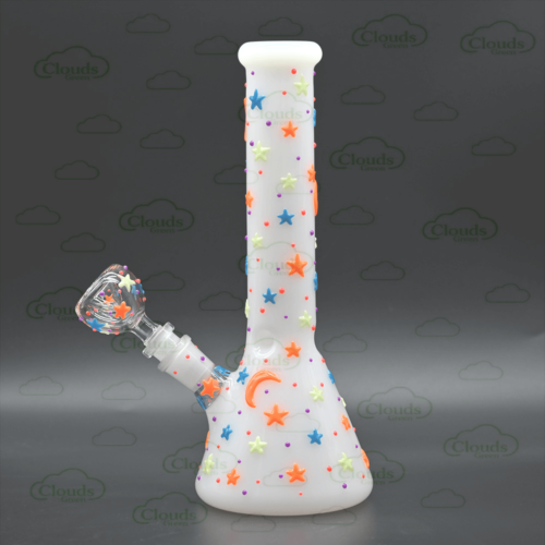 Glow in the dark 3D hand painted moon star glass beaker bong