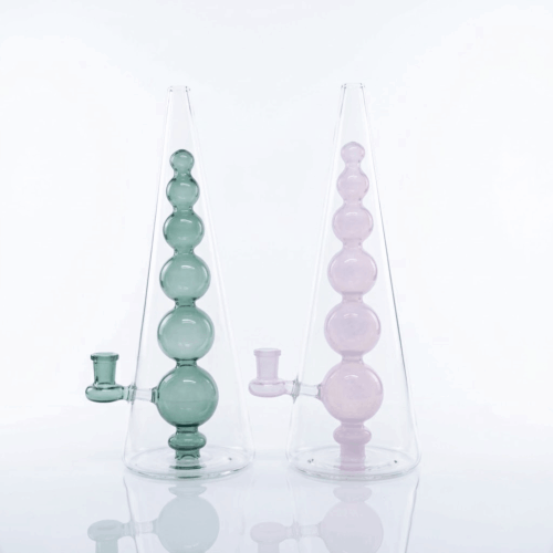 Two 11.4-inch clear cone pyramid glass bongs with inner stacked green and pink sphere percolators for B2B wholesale