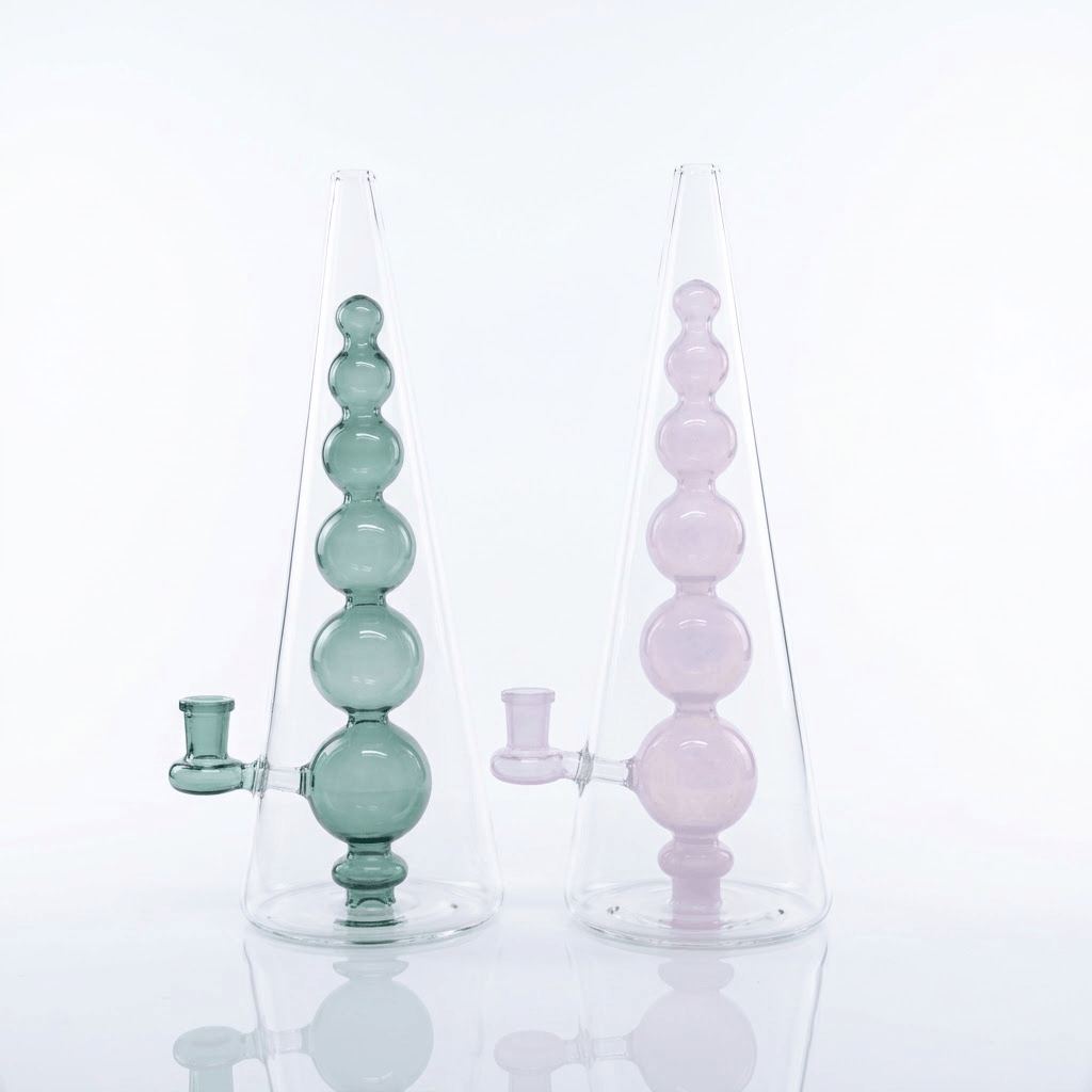 Two 11.4-inch clear cone pyramid glass bongs with inner stacked green and pink sphere percolators for B2B wholesale