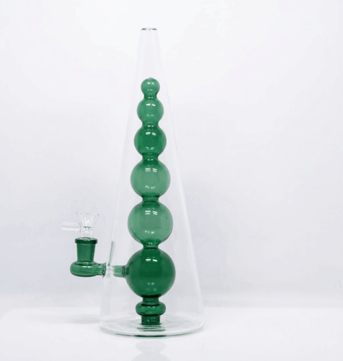 11.4-inch clear cone pyramid glass bongs with inner stacked green and pink sphere percolators for B2B wholesale