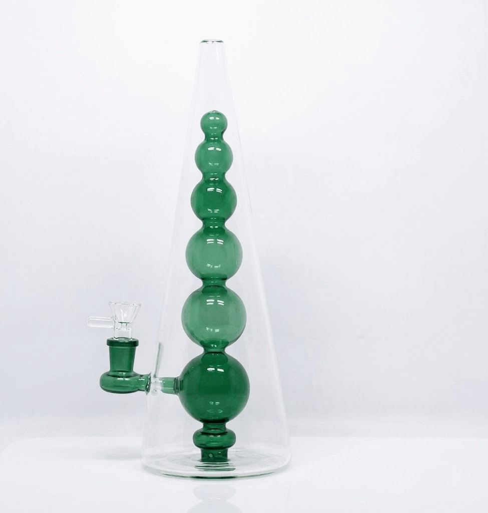 11.4-inch clear cone pyramid glass bongs with inner stacked green and pink sphere percolators for B2B wholesale
