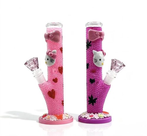 Manufacturer custom hand‑painted rhinestone Hello Kitty style glass bong, reference sample for OEM ODM custom glass water pipe