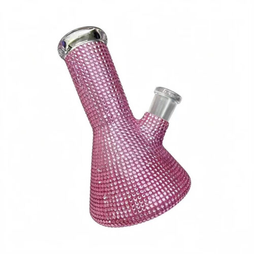 Pink rhinestone beaker glass bong, OEM ODM private label custom glass smoking bong from manufacturer