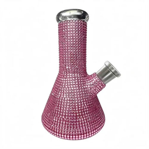 Pink rhinestone beaker glass bong, OEM ODM private label custom glass smoking bong from manufacturer