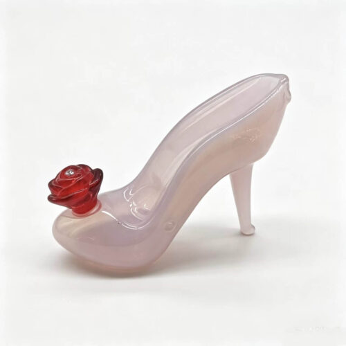 Light jade pink high heel shoes glass hand pipe,hand‑blown jade glass smoking pipe with fire‑fused red rose decor,color optional,support electroplating,custom shaped wholesale glass hand pipe manufacturer