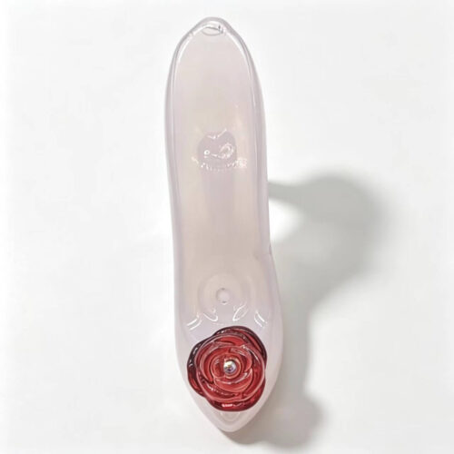 Light jade pink high heel shoes glass hand pipe,hand‑blown jade glass smoking pipe with fire‑fused red rose decor,color optional,support electroplating,custom shaped wholesale glass hand pipe manufacturer