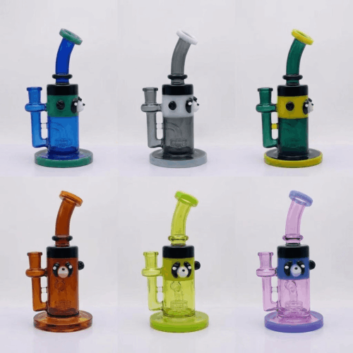 Six colorful panda glass dab rigs with 100% all-glass handcrafted panda eyes and mouths for B2B wholesale