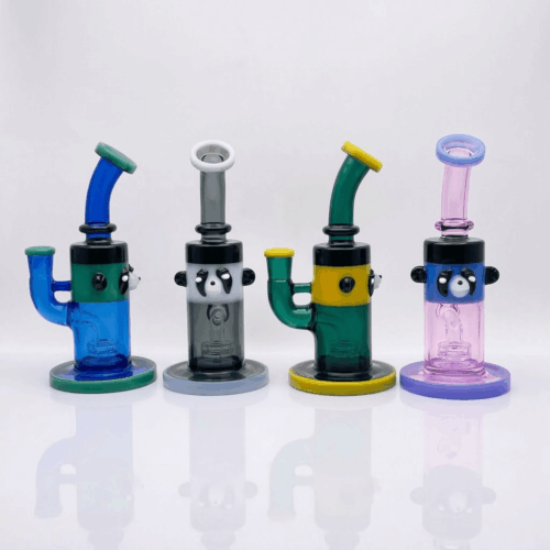 Six colorful panda glass dab rigs with 100% all-glass handcrafted panda eyes and mouths for B2B wholesale