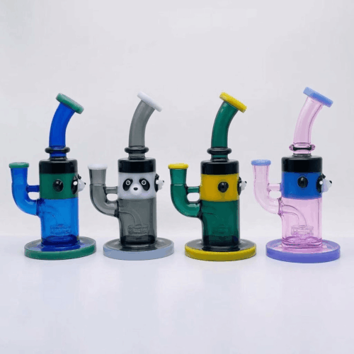 Six colorful panda glass dab rigs with 100% all-glass handcrafted panda eyes and mouths for B2B wholesale