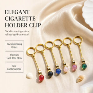 Six gold cigarette holder rings with shimmering colored balls showing dimensions of 7.8cm length and 2cm ring diameter