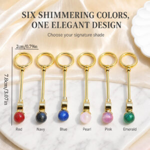 Six gold cigarette holder rings with shimmering colored balls showing dimensions of 7.8cm length and 2cm ring diameter