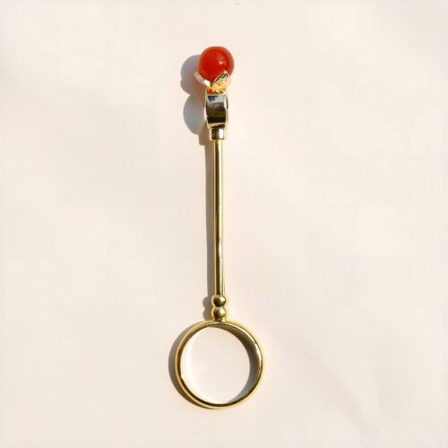 Six gold cigarette holder rings with shimmering colored balls showing dimensions of 7.8cm length and 2cm ring diameter