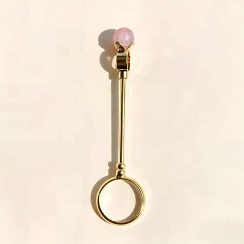 Six gold cigarette holder rings with shimmering colored balls showing dimensions of 7.8cm length and 2cm ring diameter