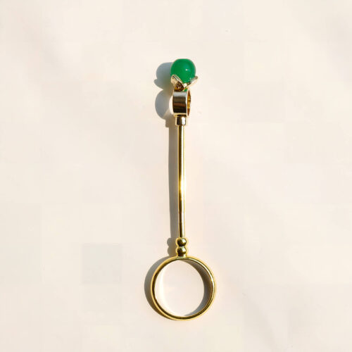 Six gold cigarette holder rings with shimmering colored balls showing dimensions of 7.8cm length and 2cm ring diameter